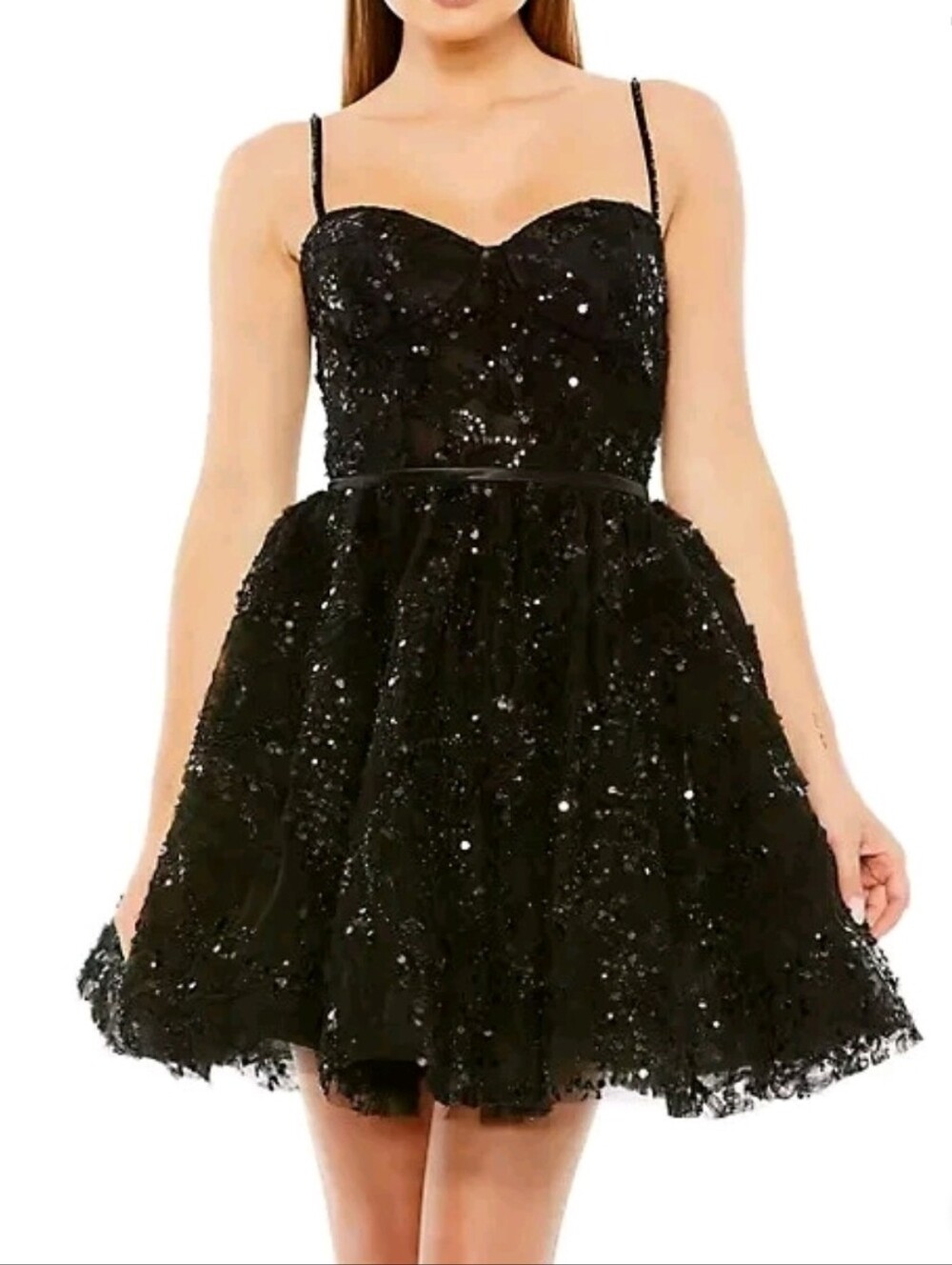 Mac Duggal NWT Black Beaded Sequin Lace Bustier Mini Dress Size 12 #20641